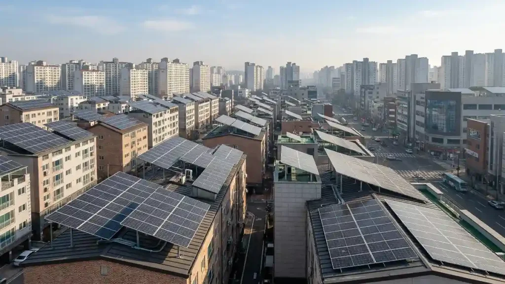 Urban rooftops with solar panels representing emerging solar technologies in 2026