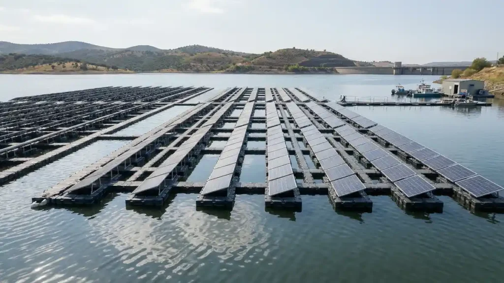 Floating solar panels installed on a water reservoir