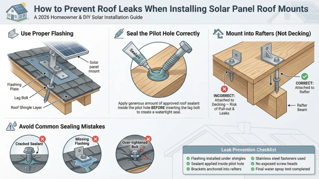 how to prevent leaks with solar panel roof mounts