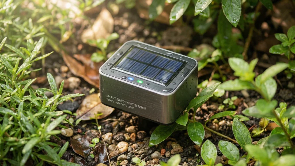 Smart IoT-enabled solar sensor monitoring environment in a modern garden.