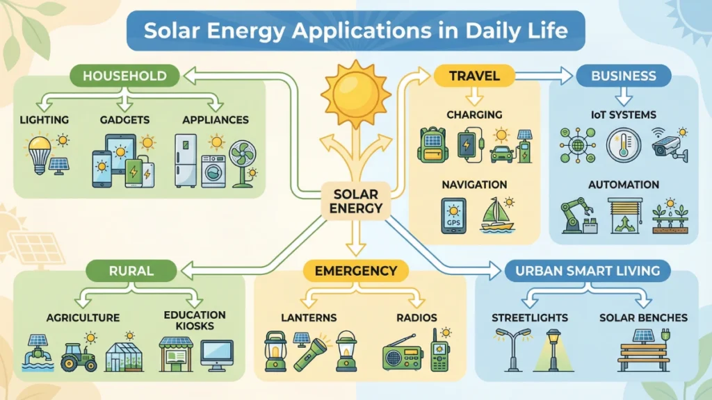 Flowchart showing how solar energy is used in households, travel, businesses, rural areas, emergencies, and smart cities.