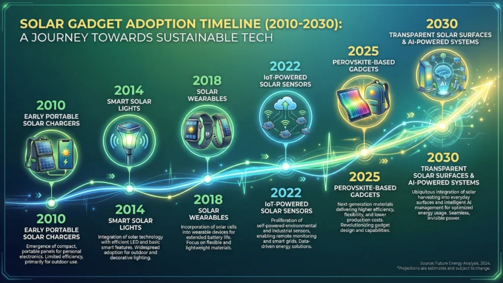 Infographic timeline showing solar gadgets evolution and adoption from 2010 to 2030.