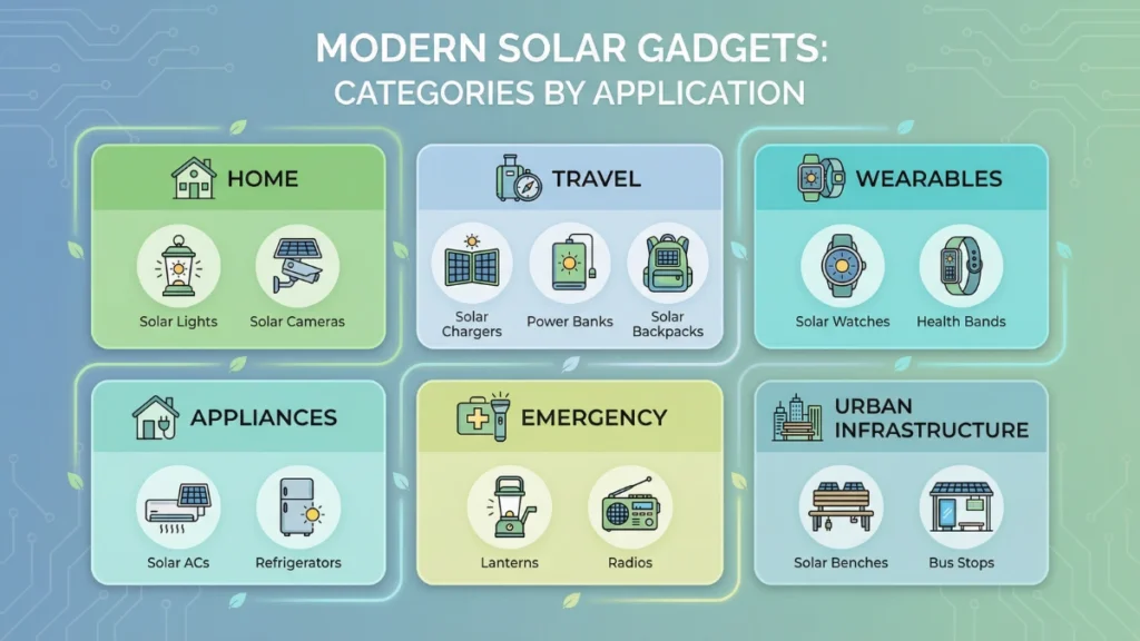 Infographic comparing solar gadgets across home, travel, wearables, appliances, emergency, and urban categories.