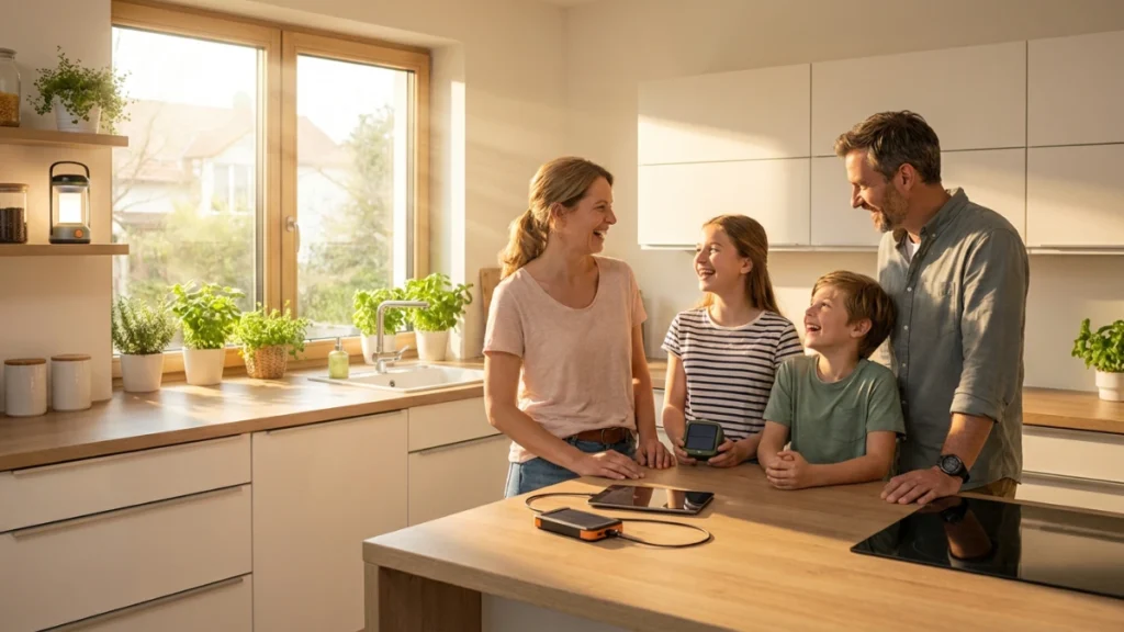 Family with solar gadgets in a modern home