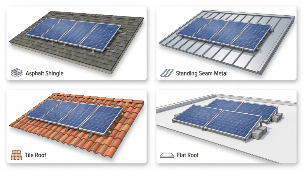 solar panel roof mounts for metal, tile, flat roof.