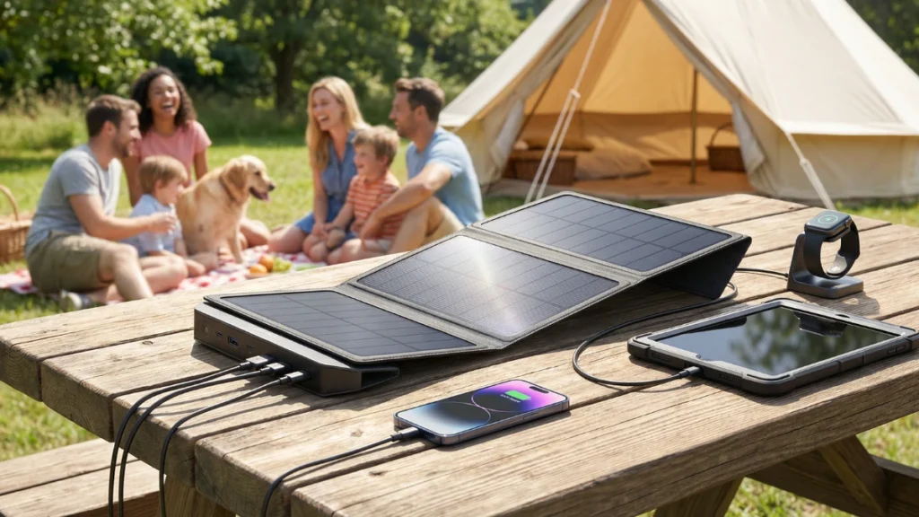 Foldable solar power bank charging multiple devices outdoors during a picnic.