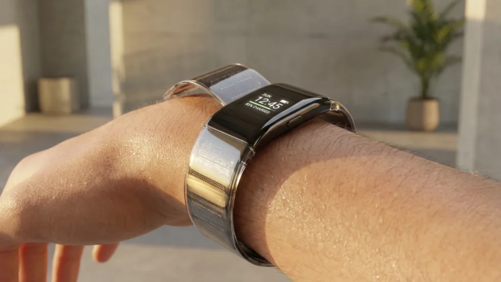 Close-up of a 2025 solar-powered fitness tracker harvesting sunlight on a wrist.