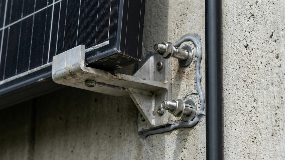 Close-up of reinforced brackets and stainless-steel anchor bolts securing wall mounted solar panels to a concrete facade.