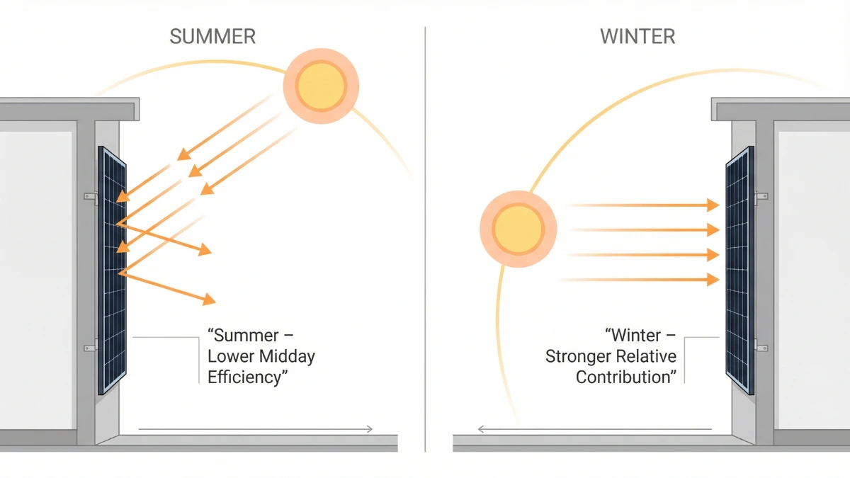 Infographic showing summer versus winter sun angles on vertical wall mounted solar panels.