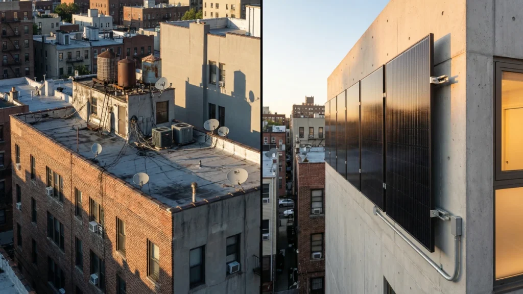 Split-screen comparison of cluttered urban rooftop versus clean wall mounted solar panels on a sunlit apartment facade.