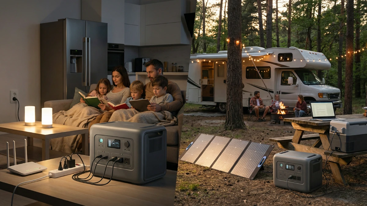 Generic 2000Wh solar generator powering a home during an outage and a camping setup outdoors