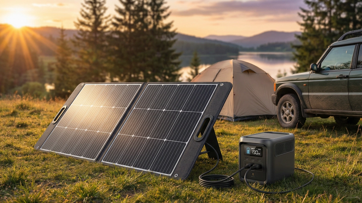 200W portable solar panel charging power station at campsite