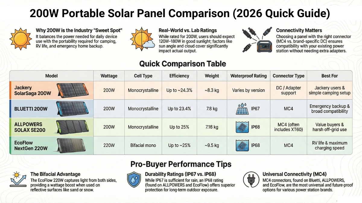 200W portable solar panel comparison infographic for Jackery, Bluetti, Allpowers, and EcoFlow