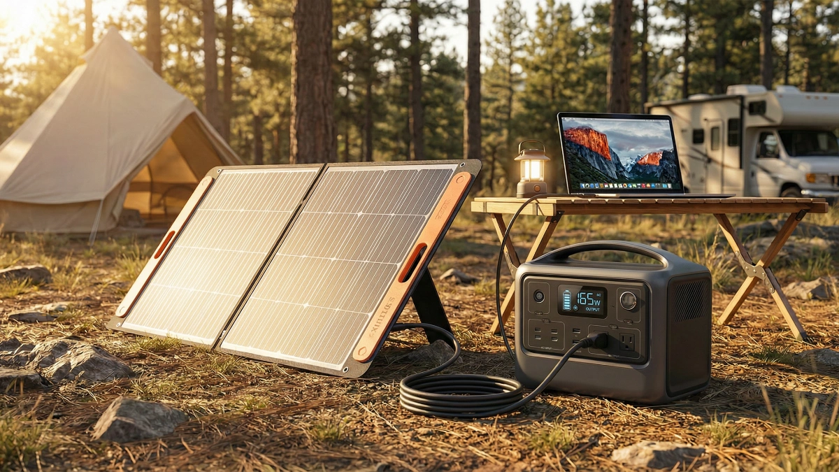 200W portable solar panel charging a power station during camping