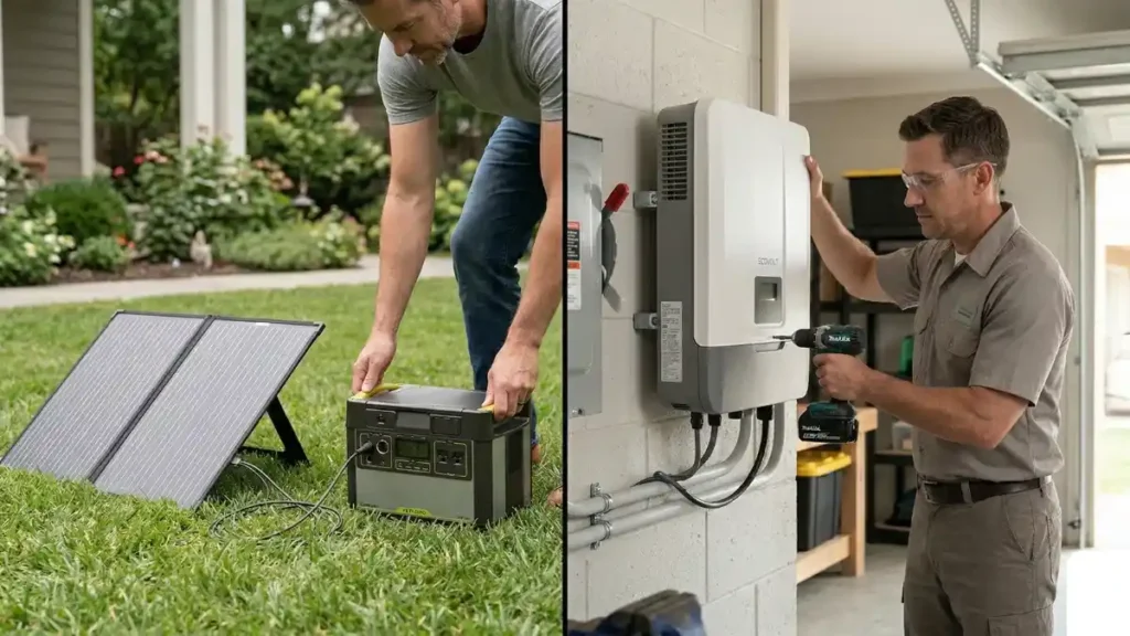 Comparison of DIY portable solar setup and professional solar inverter installation for a grid tied home.