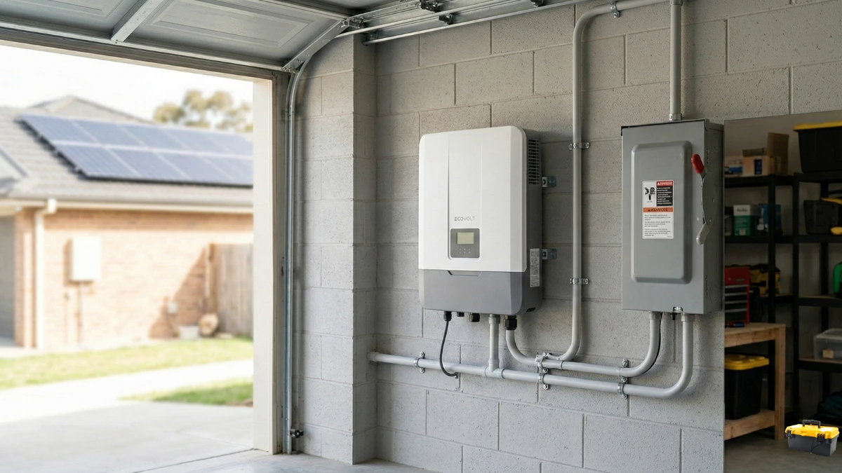 Modern home solar inverter installation on a garage wall with rooftop solar panels in the background.