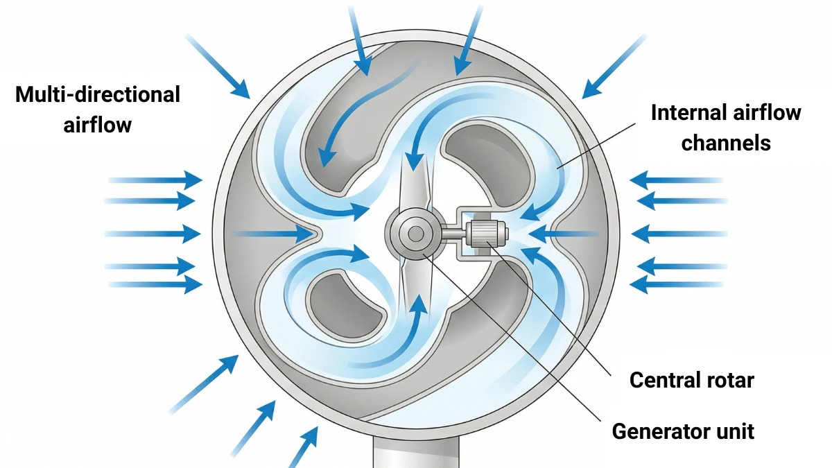 O Wind Turbine airflow diagram showing multi-direction wind capture
