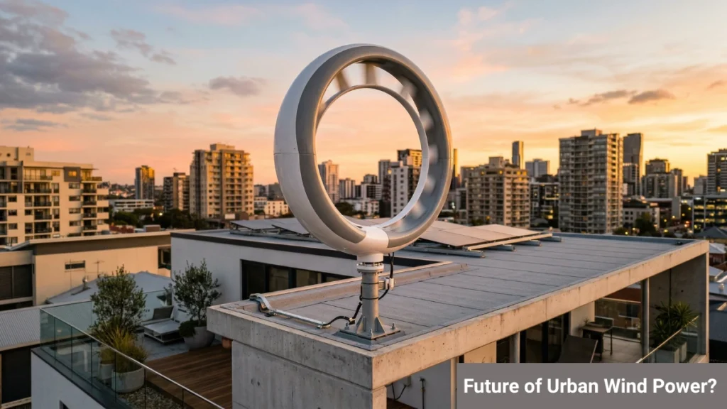 O Wind Turbine installed on an urban rooftop with a modern home