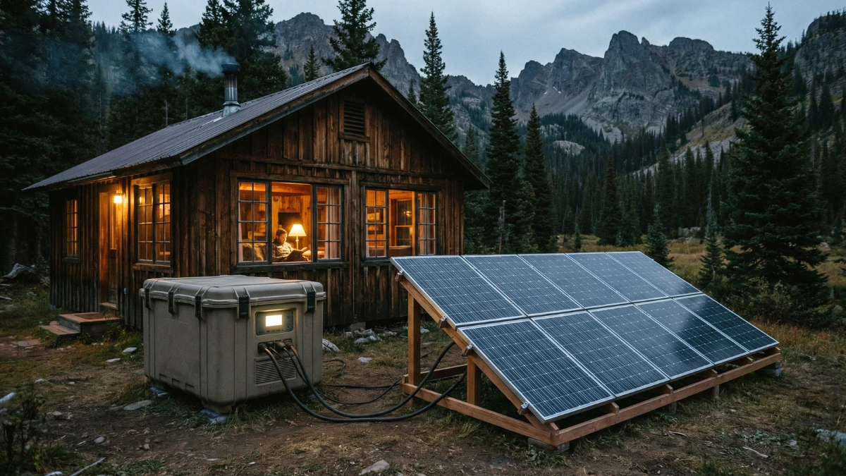 Off-grid solar generator powering a remote cabin with solar panels