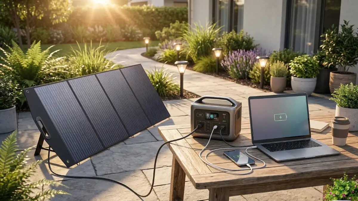Solar energy gadgets including portable solar generator, foldable solar panel, and solar garden lights in a modern backyard.