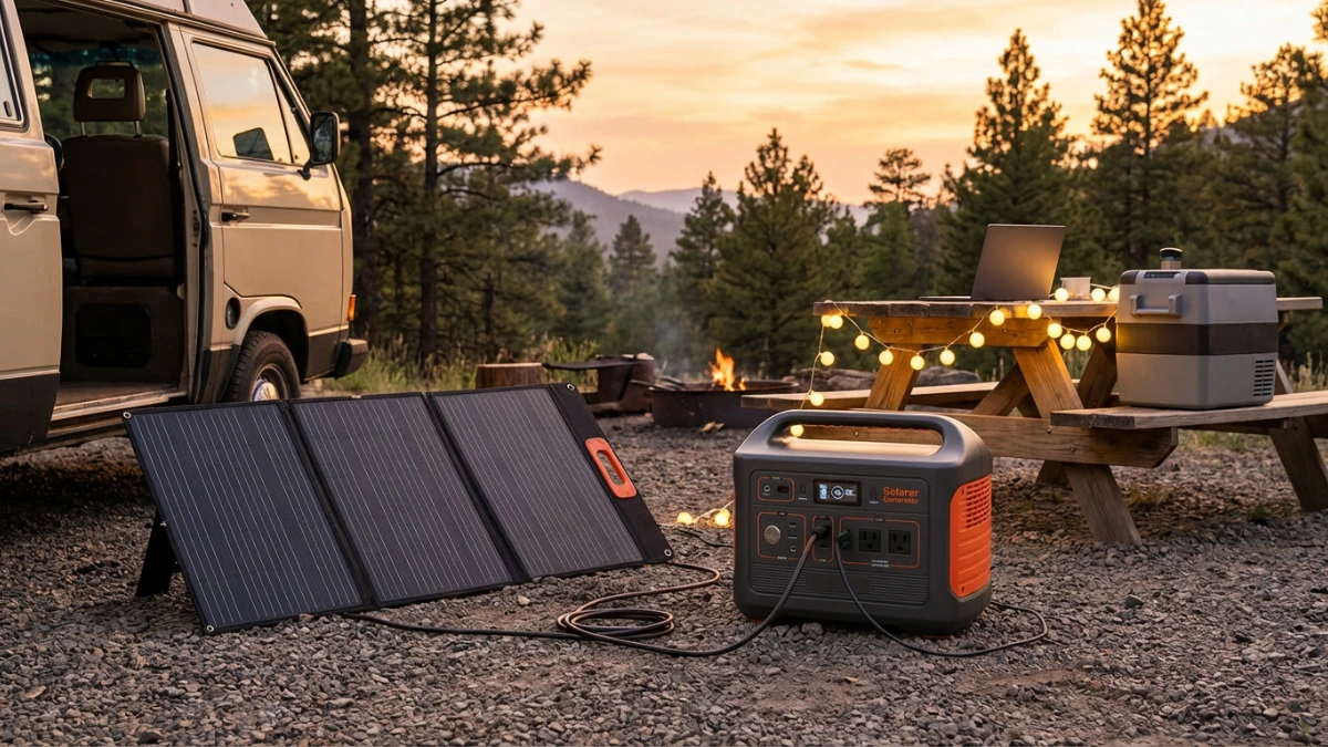 Portable solar generator powering an RV and campsite equipment