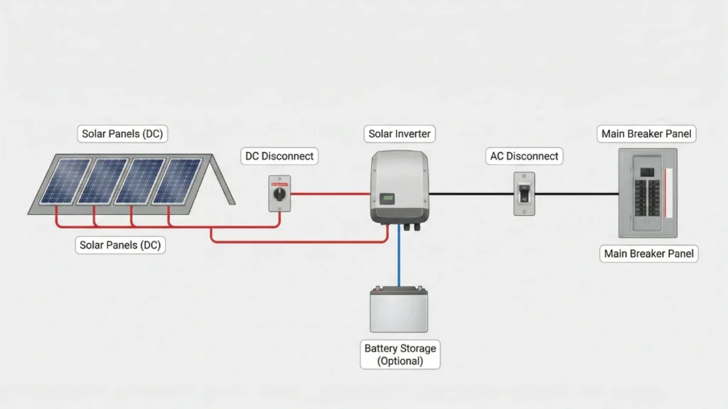 Simple solar inverter connection diagram for a home showing panels, inverter, main breaker panel, and optional battery backup.
