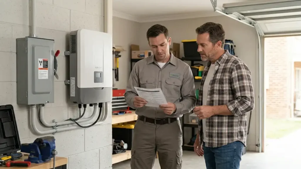 Homeowner and installer using a checklist to review solar inverter installation location and safety details.