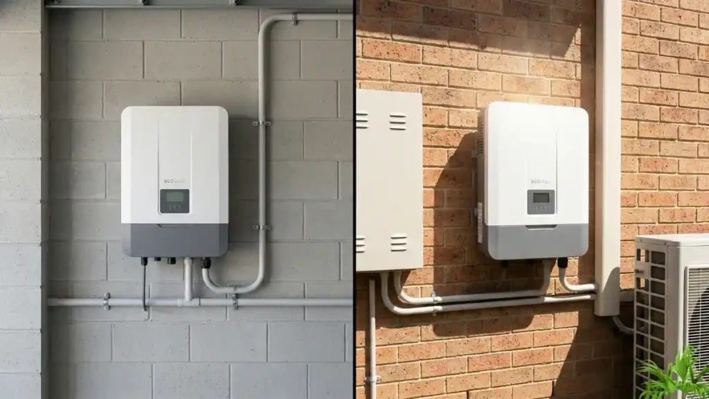 Correct and incorrect solar inverter installation locations showing shaded indoor wall vs direct sun outdoor wall.