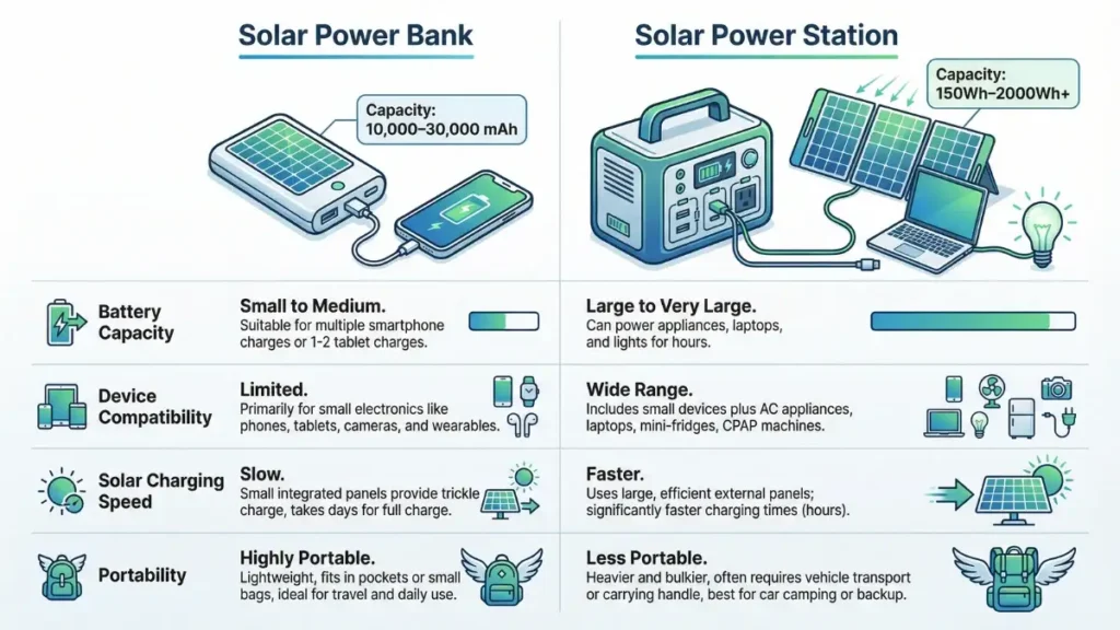 comparison diagram solar power bank vs solar power station capacity and usage