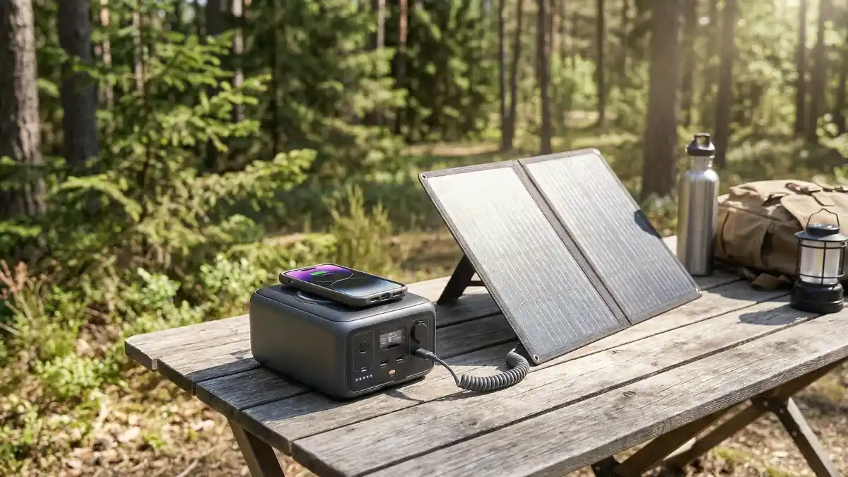 solar power bank with wireless charging, powering smartphone at campsite