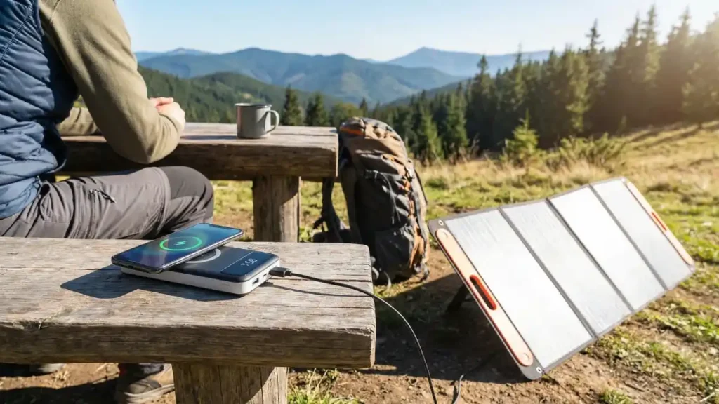 wireless solar power bank charging smartphone outdoors using solar panel