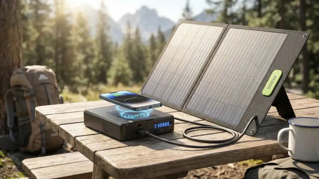 wireless solar power bank charging smartphone with portable solar panel outdoors