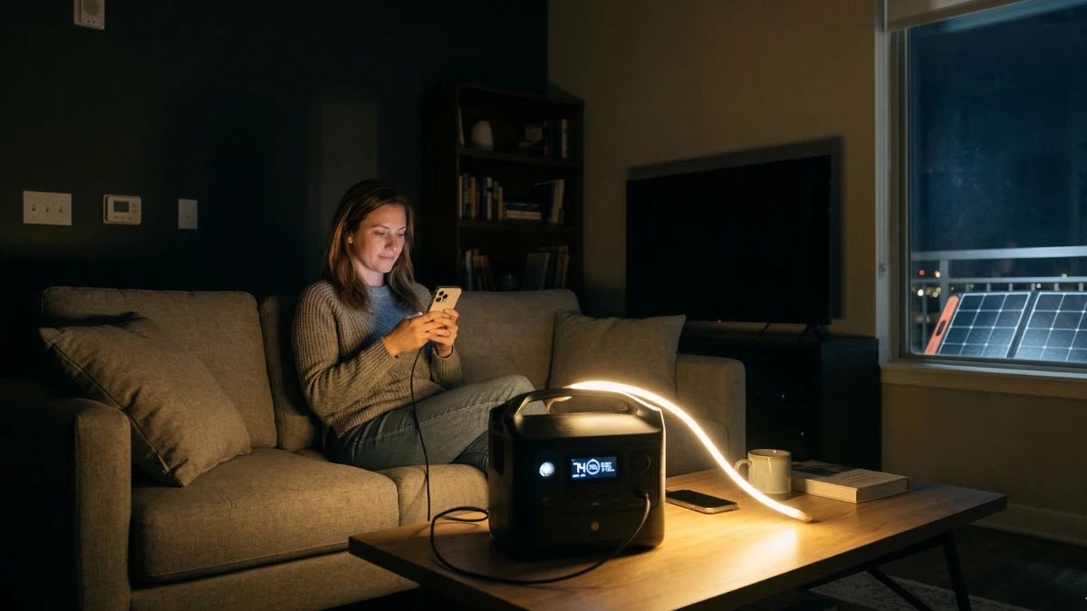 Solar power survival kit powering phone and lights during home blackout in US apartment