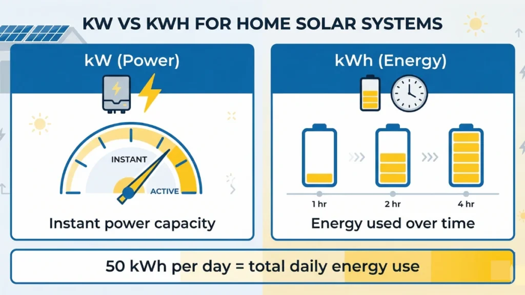 difference between kW and kWh for 50 kWh per day solar