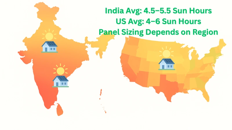 India and US peak sun hours comparison map for solar panel sizing