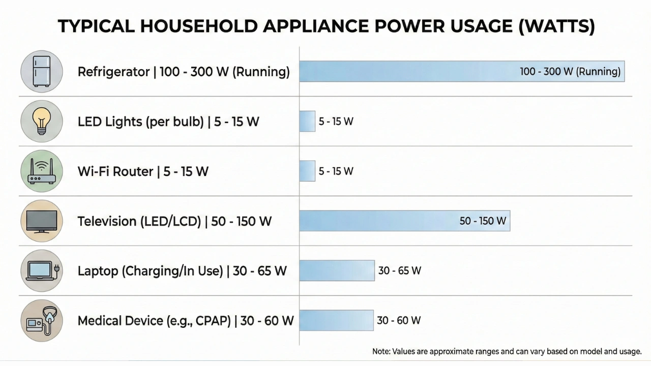 Household appliance power consumption chart for solar backup planning