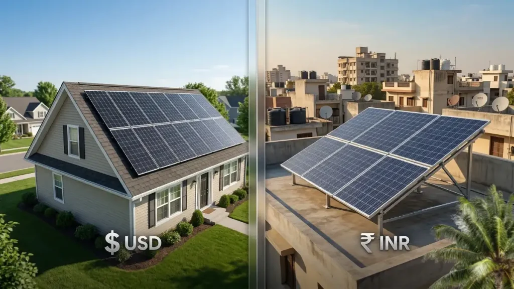 Solar ROI Calculator comparison showing solar panels on a US home and Indian rooftop with USD and INR symbols